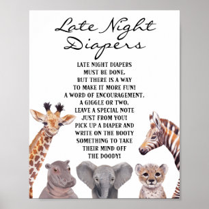 Safari Dimals Late Night Diapers Baby shower Poster