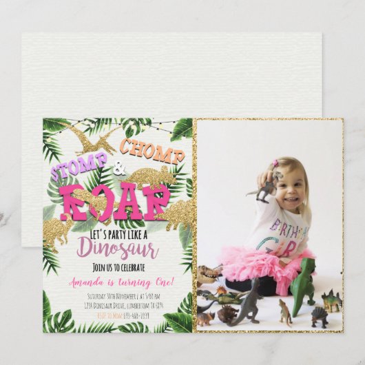 Safari Dinosaur Invitation Anniversaire Avec Photo (Devant / Derrière)