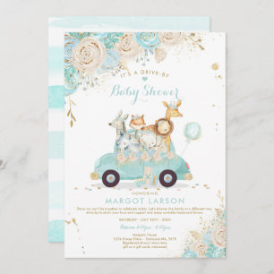 Safari Drive by Baby shower Invitation Mint Floral Kaart