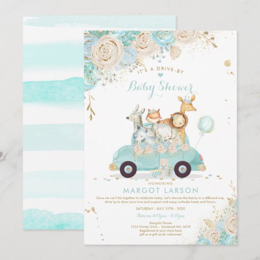 Safari Drive Par Baby shower Invitation Mint Flora (Devant / Derrière)
