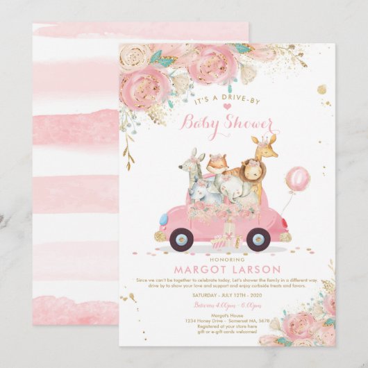 Safari Drive Par Baby shower Invitation Rose Flora (Devant / Derrière)