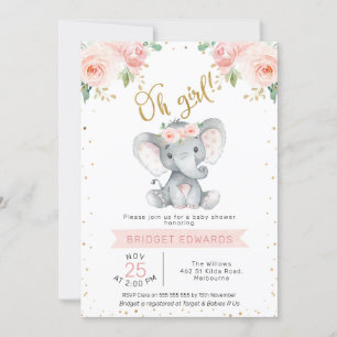 Safari Elephant Baby shower Gold Pink Girl Kaart