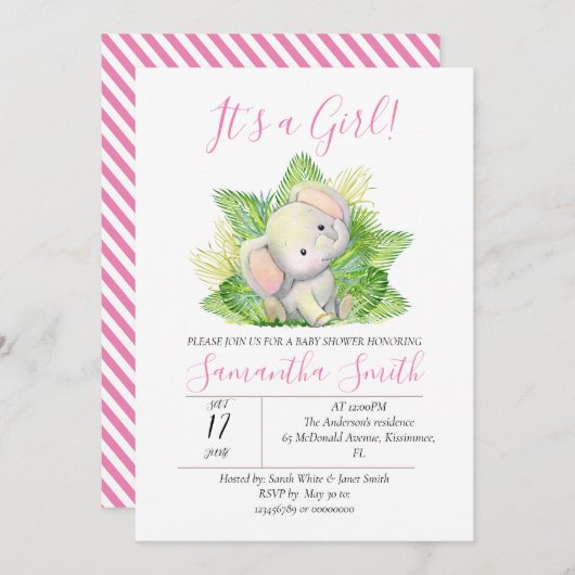 Safari Elephant roze uitnodiging (Voorkant / Achterkant)