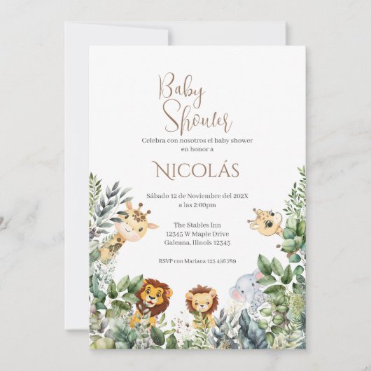 Safari Espagnol Baby shower Invitation garçon (Devant)