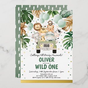 Safari Feest Dieren Wilde Eén Jongen 1e Verjaardag Folie Uitnodiging
