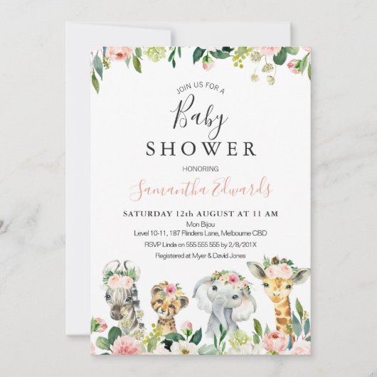 Safari Floral Animaux Baby shower Invitation (Devant)