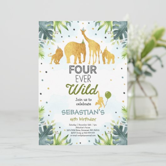 Safari Four Ever Wild verjaardagsuitnodiging groen Kaart (Staand voorkant)