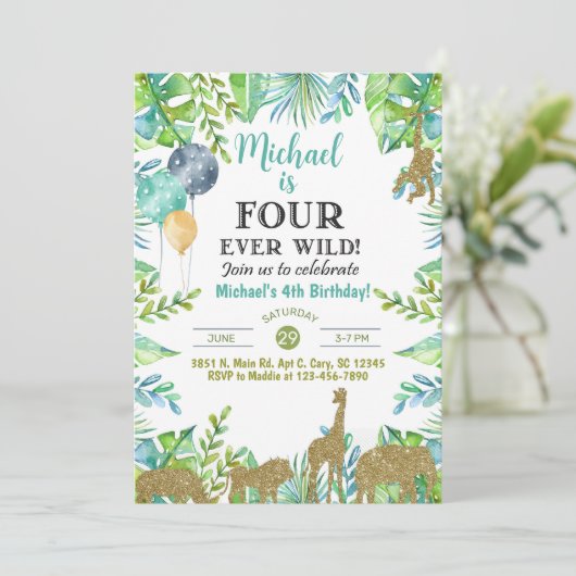 Safari Fourever Wild boy 4e verjaardag uitnodiging (Staand voorkant)