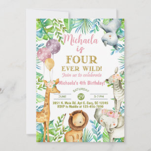 Safari Fourever Wild meisje 4e verjaardag uitnodig Kaart