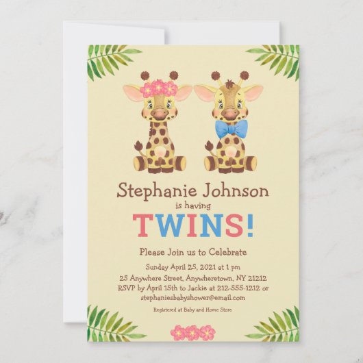 Safari Giraffe Twins Boy and Girl Cute Baby shower Kaart (Voorkant)