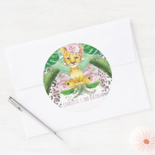 Safari Girl Party Lion Illustration Personalized Ronde Sticker