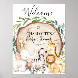 Safari Greenery Wood Slice Baby shower Welkom Poster