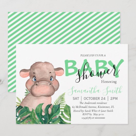Safari hippo invitation bébé (Devant / Derrière)