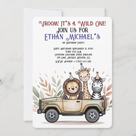 Safari Jeep Wild One First Birthday Invitation (Devant)