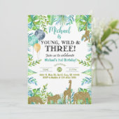 Safari Jong Wild Drie jongen 3e verjaardag uitnodi Kaart (Staand voorkant)