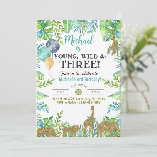 Safari Jong Wild Drie jongen 3e verjaardag uitnodi Kaart (Staand voorkant)