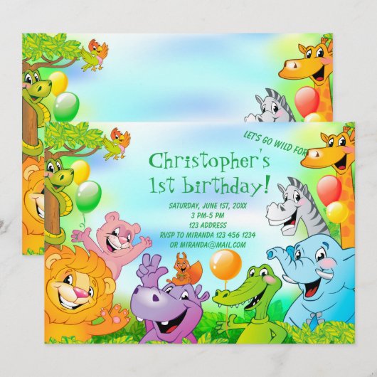 Safari jungle 1ère anniversaire carte d'invitation (Devant / Derrière)