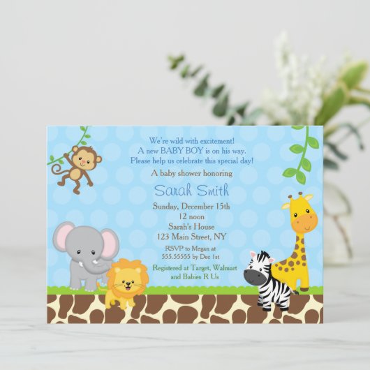 Safari Jungle Animaux Bébé Douche Invitations Garç (Debout devant)