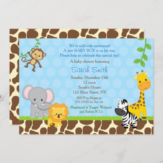 Safari Jungle Animaux Bébé Douche Invitations Garç (Devant / Derrière)
