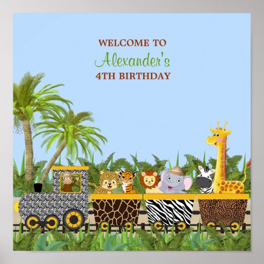 Safari Jungle Animaux en train Poster d'anniversai (Devant)