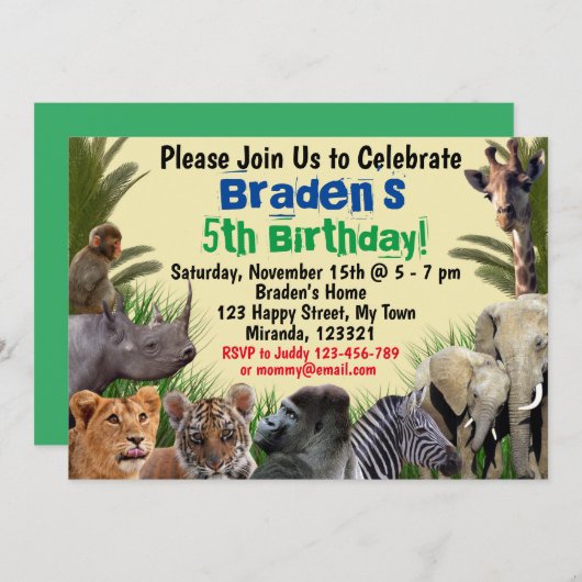 Safari Jungle animaux invitation anniversaire (Devant / Derrière)