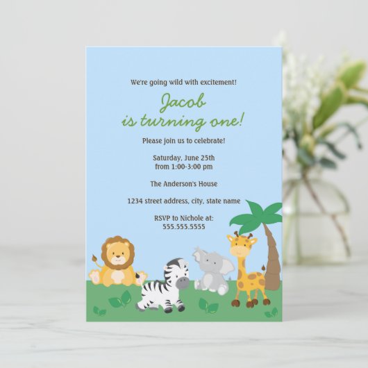 Safari Jungle Boy 1er Anniversaire Fête Invitation (Debout devant)