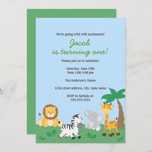 Safari Jungle Boy 1er Anniversaire Fête Invitation (Devant / Derrière)
