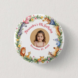 Safari Jungle Kids Foto Roze Verjaardagsfeestje Ronde Button 3,2 Cm