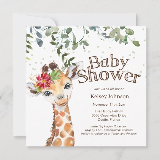 Safari Jungle Meisje Giraffe Baby Shower Uitnodigi Kaart (Voorkant)