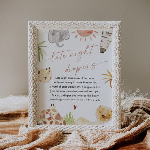 SAFARI Late Night Luiers Baby shower Sign Poster