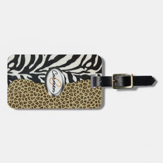 Safari Leopard en Zebra Print Monogram Bagagelabel (Voorkant horizontaal)