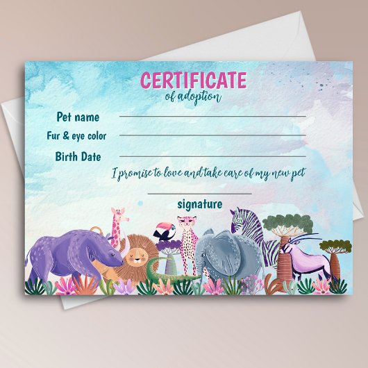 Safari meisje verjaardag dier adoptie certificaat kaart