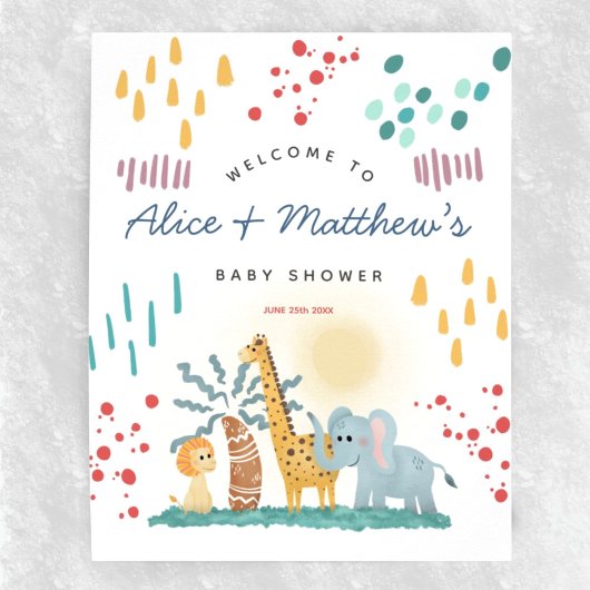 Safari moderne Animaux Garçon Baby shower Affiche 