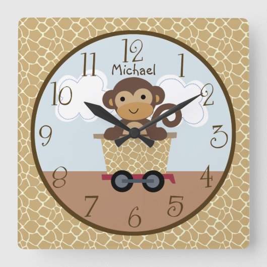 Safari Monkey Animal Train Kind Nursery Clock Vierkante Klok (Voorkant)
