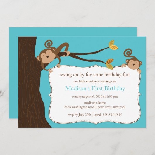 Safari Monkey Birthday Uitnodiging (Voorkant / Achterkant)