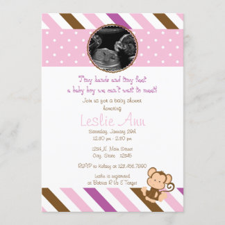 Safari Monkey Photo Pinks Baby shower Invitation Kaart