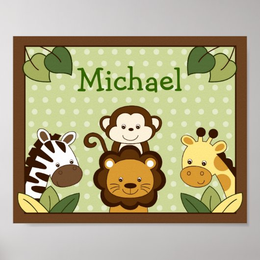 Safari Oerwoud Animal Nursery Wall Art Name Print (Voorkant)