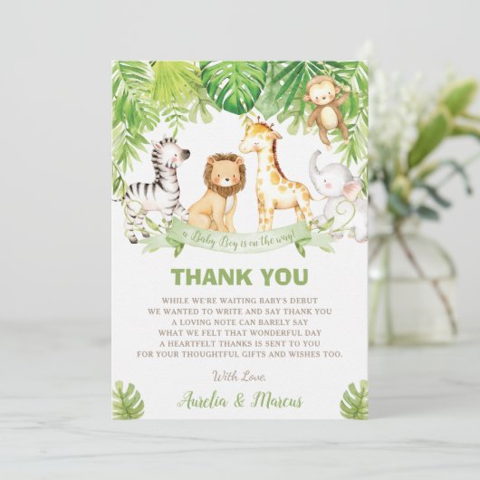 Safari Oerwoud Animals Baby shower Boy Green Fores Bedankkaart (Staand voorkant)