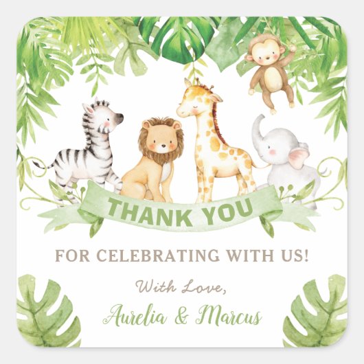 Safari Oerwoud Animals Baby shower Boy Green Fores Vierkante Sticker (Voorkant)