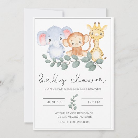Safari Oerwoud Animals Baby shower Uitnodiging (Voorkant)