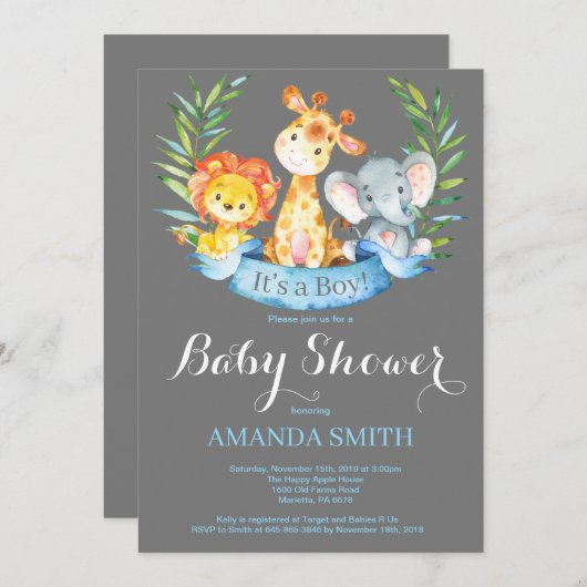 Safari Oerwoud Animals Boy Baby shower Invitation Kaart (Voorkant / Achterkant)