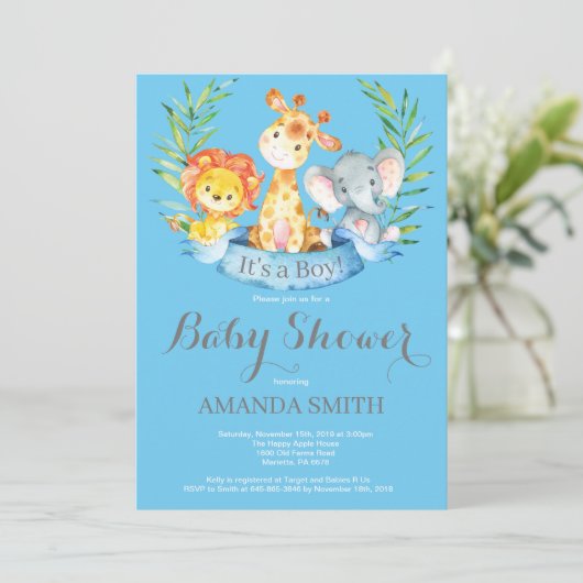 Safari Oerwoud Animals Boy Baby shower Invitation Kaart (Staand voorkant)