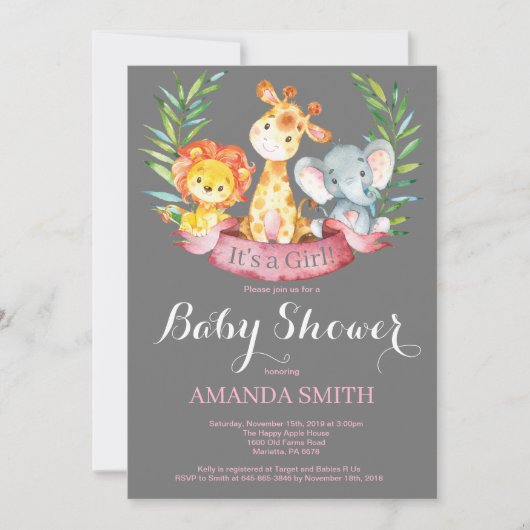 Safari Oerwoud Animals Girl Baby shower Invitation Kaart (Voorkant)