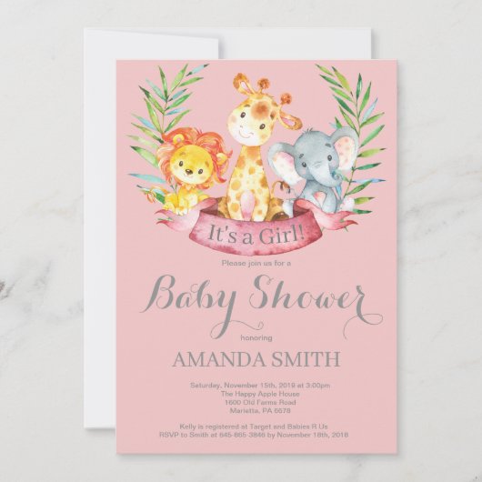 Safari Oerwoud Animals Girl Baby shower Invitation Kaart (Voorkant)