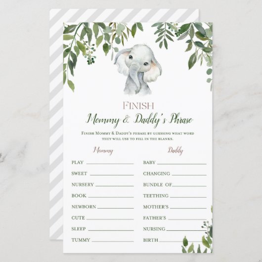 Safari Oerwoud Elephant Baby shower Game PRINED (Voorkant / Achterkant)