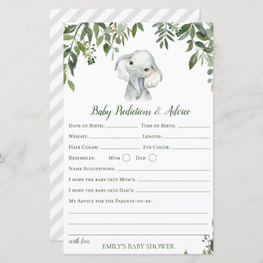 Safari Oerwoud Elephant Baby shower Game PRINED (Voorkant / Achterkant)