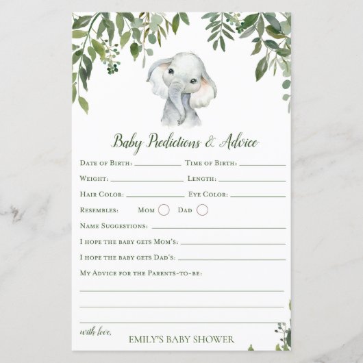 Safari Oerwoud Elephant Baby shower Game PRINED (Voorkant)