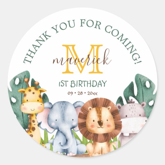 Safari Oerwoud Greenery 1e verjaardag Favor Ronde Sticker (Voorkant)