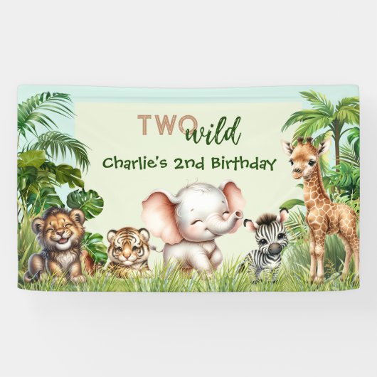 Safari Oerwoud Leuke Dieren Twee Wilde 2e Verjaard Spandoek (Horizontaal)