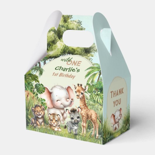Safari Oerwoud Leuke Dieren Wild Een 1e Verjaardag Bedankdoosjes (Voorkant Zijde)